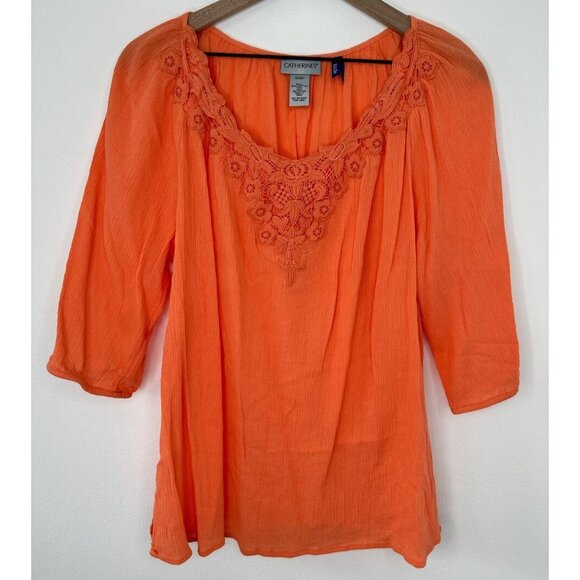 Catherines Tunic Women OXWP 14/16W Petite Orange 3/4 Sleeve Crochet Floral Detai - Picture 1 of 9